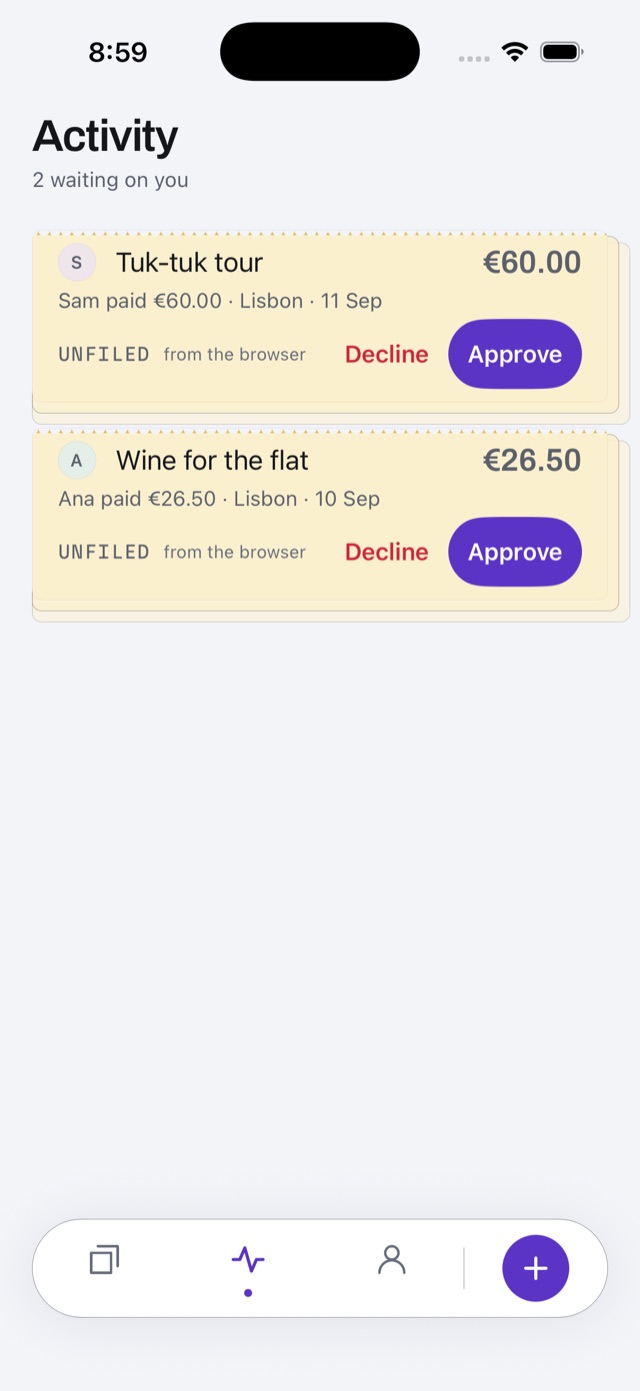 The Activity tab, “2 waiting on you”: two yellow unfiled slips added from the browser — a tuk-tuk tour and wine for the flat — each with Decline and Approve.