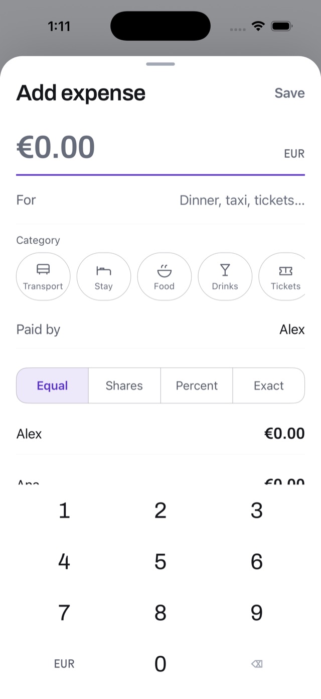 The Add expense sheet: an amount, what it was for, a category, who paid, the split method — Equal, Shares, Percent or Exact — and a number pad.