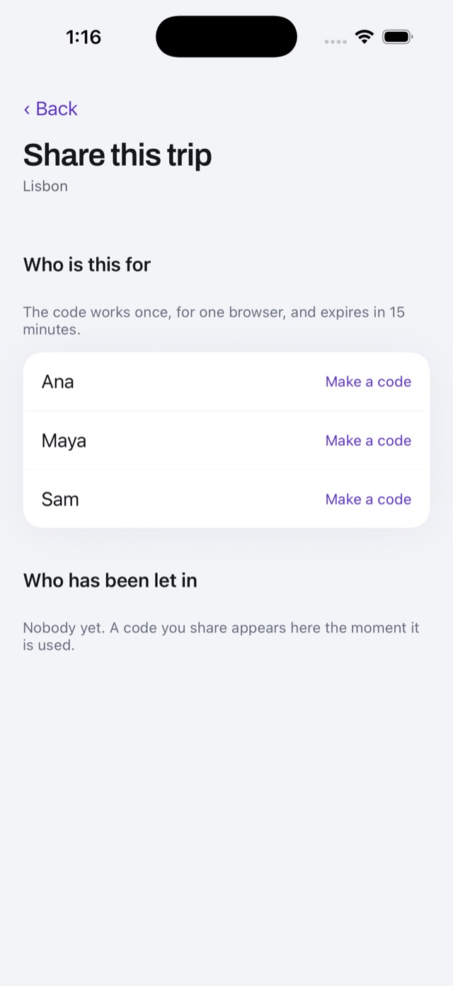 The Share this trip screen, listing Ana, Maya and Sam, each with a Make a code button, and an empty list of browsers let in so far.