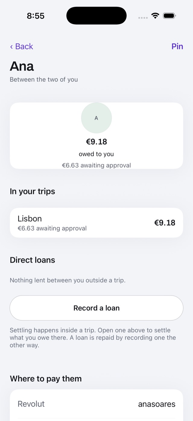 Ana’s page: she owes you €9.18, €6.63 of it awaiting approval, broken down by trip, with no direct loans and her Revolut handle under “Where to pay them”.