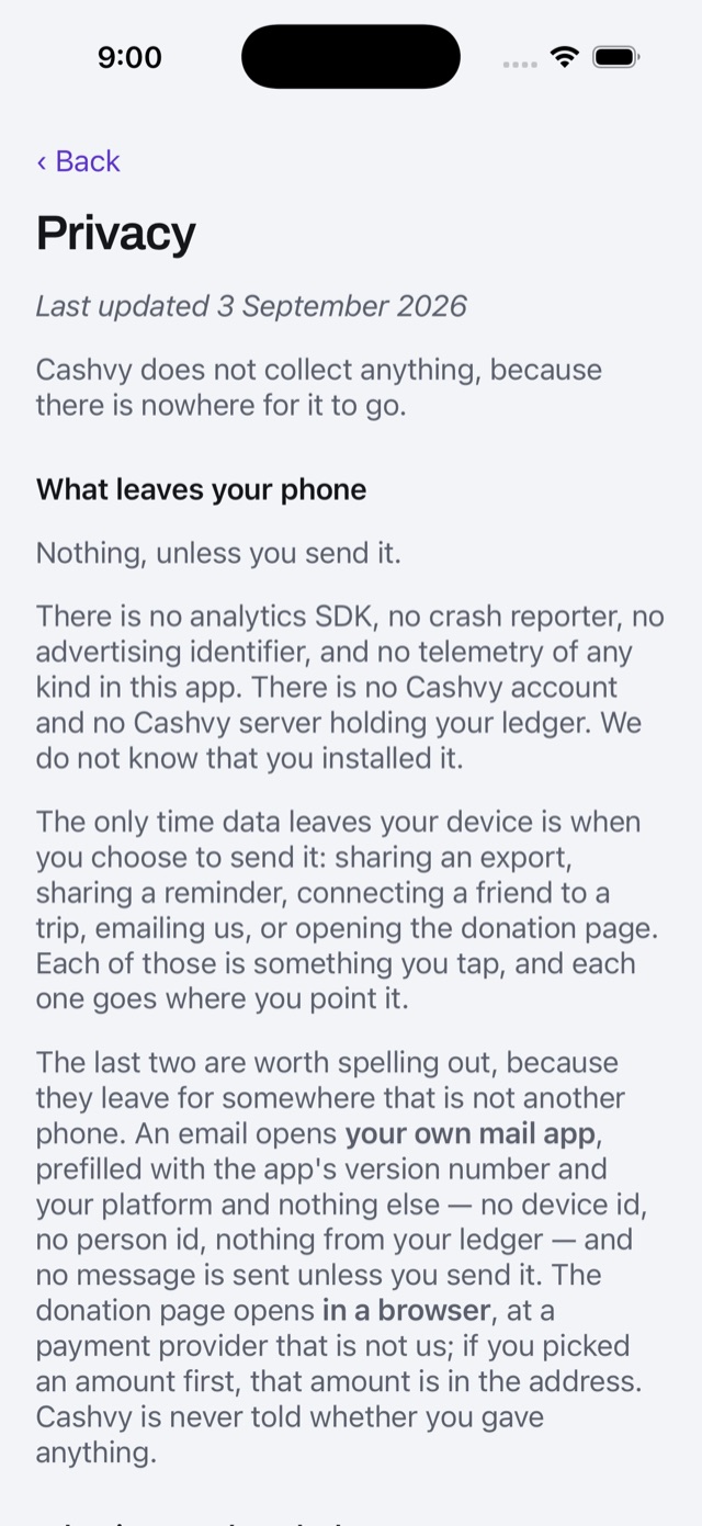 The app’s own Privacy screen: “Cashvy does not collect anything, because there is nowhere for it to go.”