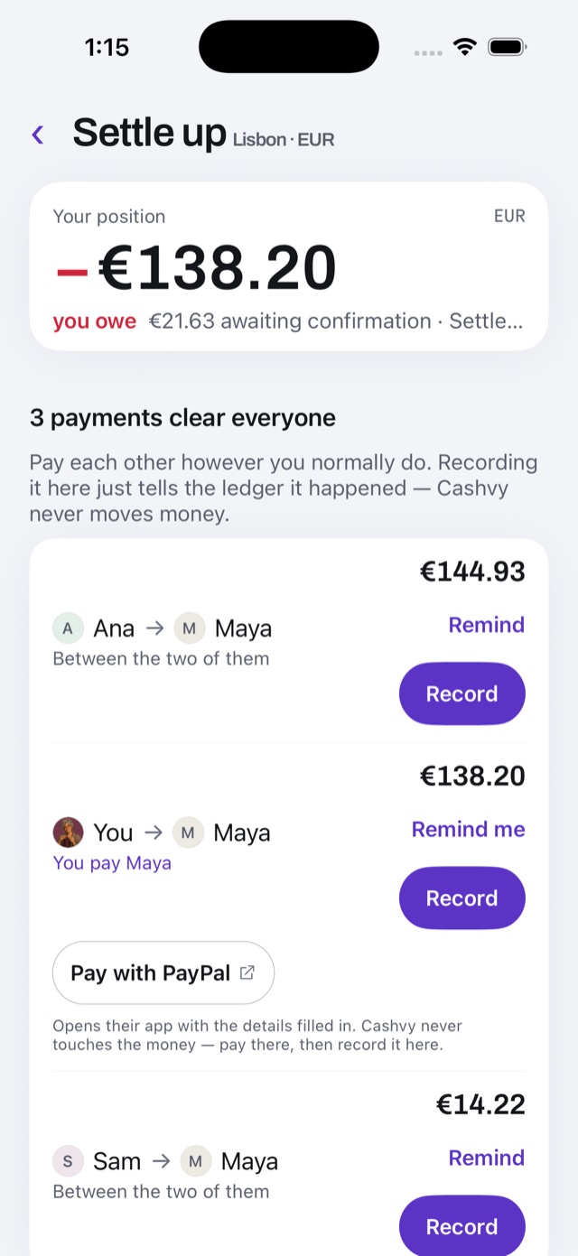 The Settle up screen: three payments clear everyone, each with a Record button, and a note that Cashvy never moves money.